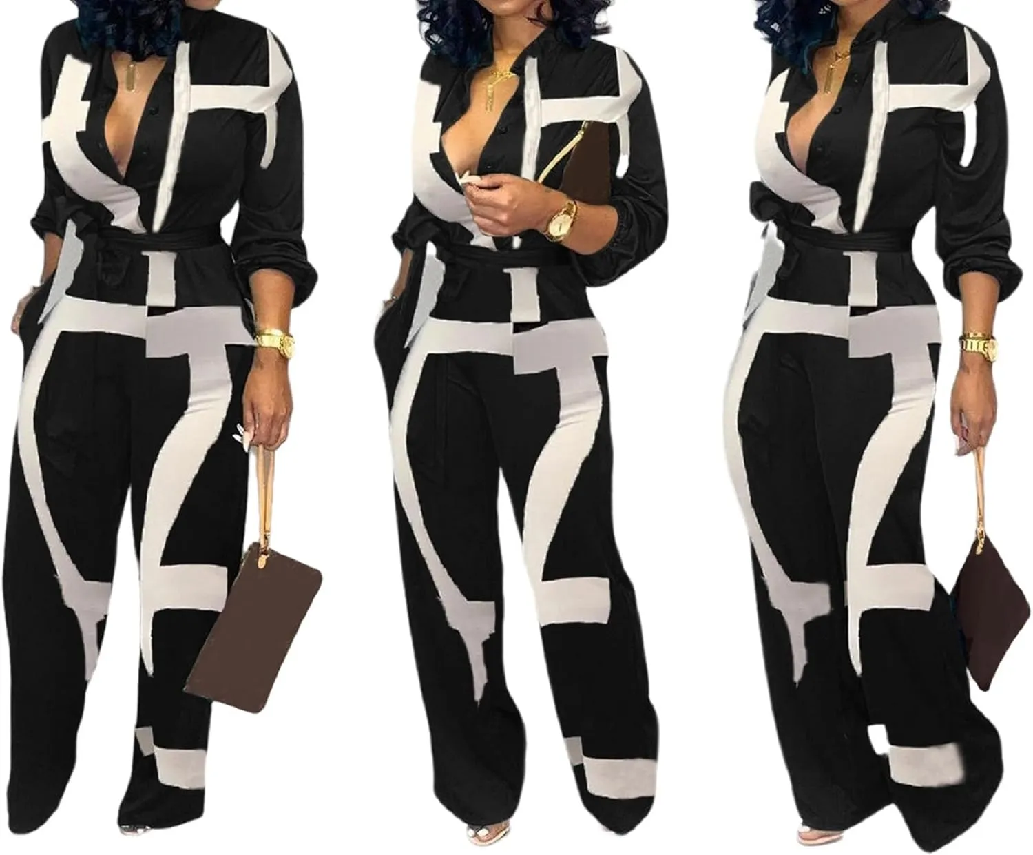 SeNight Women's Jumpsuits Elegant Business Casual Button Down V Neck Long Sleeve Strap Straight Long Pants With Pockets