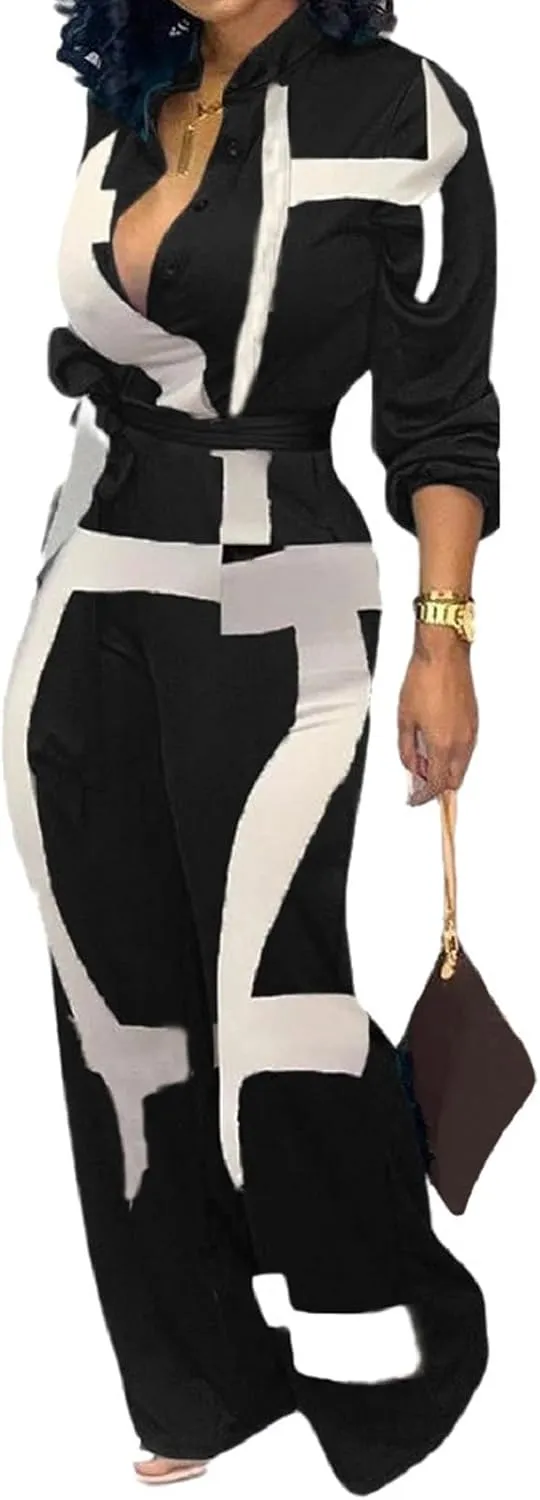 SeNight Women's Jumpsuits Elegant Business Casual Button Down V Neck Long Sleeve Strap Straight Long Pants With Pockets