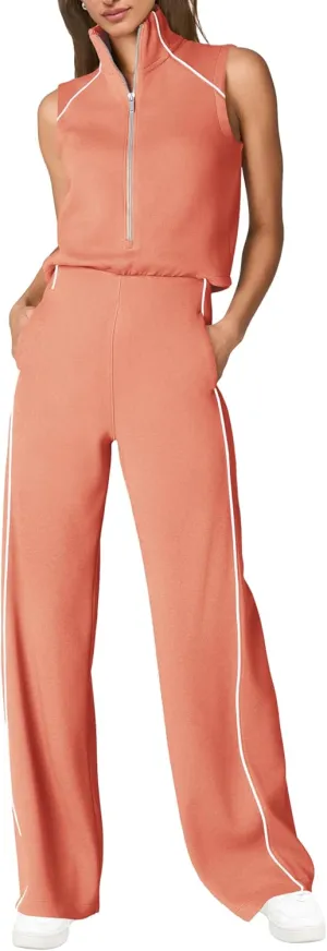 SENSERISE Womens Summer Jumpsuits Dressy Casual Sleeveless Mock Neck Top Wide Leg Pants Romper with Pockets