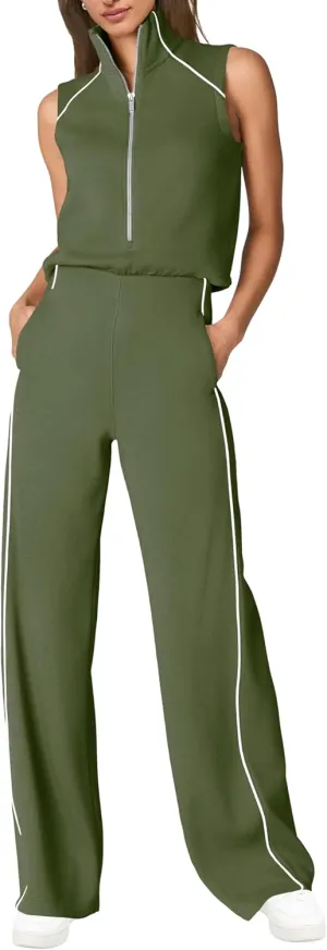 SENSERISE Womens Summer Jumpsuits Dressy Casual Sleeveless Mock Neck Top Wide Leg Pants Romper with Pockets