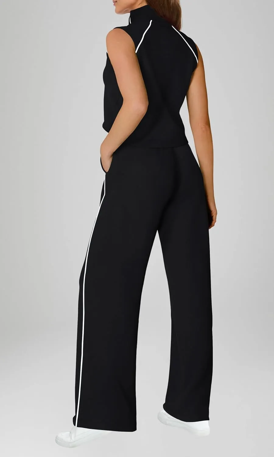 SENSERISE Womens Summer Jumpsuits Dressy Casual Sleeveless Mock Neck Top Wide Leg Pants Romper with Pockets