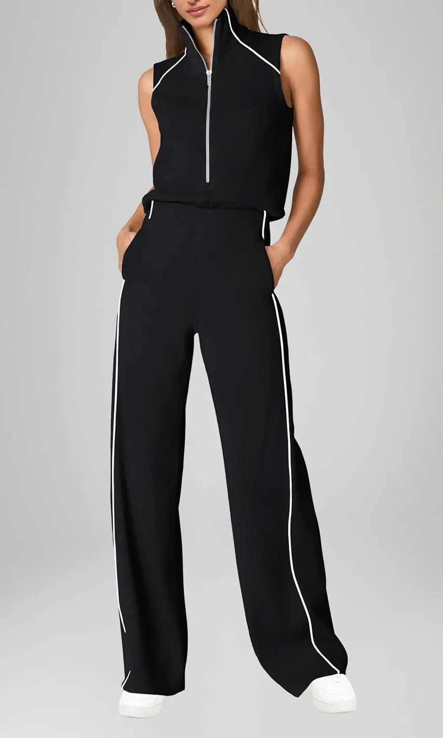 SENSERISE Womens Summer Jumpsuits Dressy Casual Sleeveless Mock Neck Top Wide Leg Pants Romper with Pockets