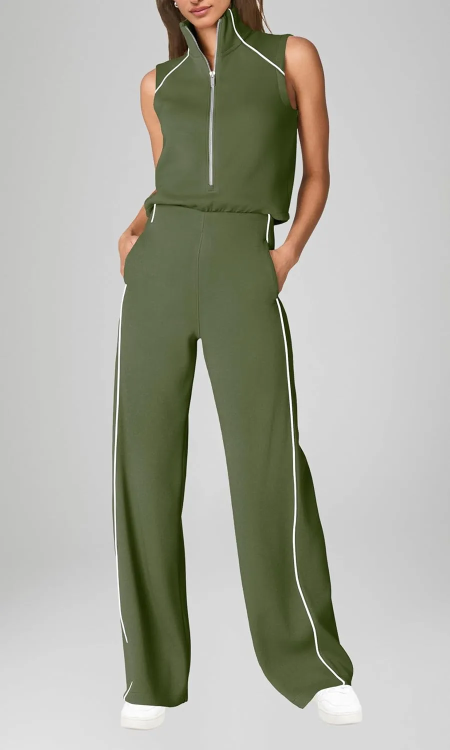 SENSERISE Womens Summer Jumpsuits Dressy Casual Sleeveless Mock Neck Top Wide Leg Pants Romper with Pockets