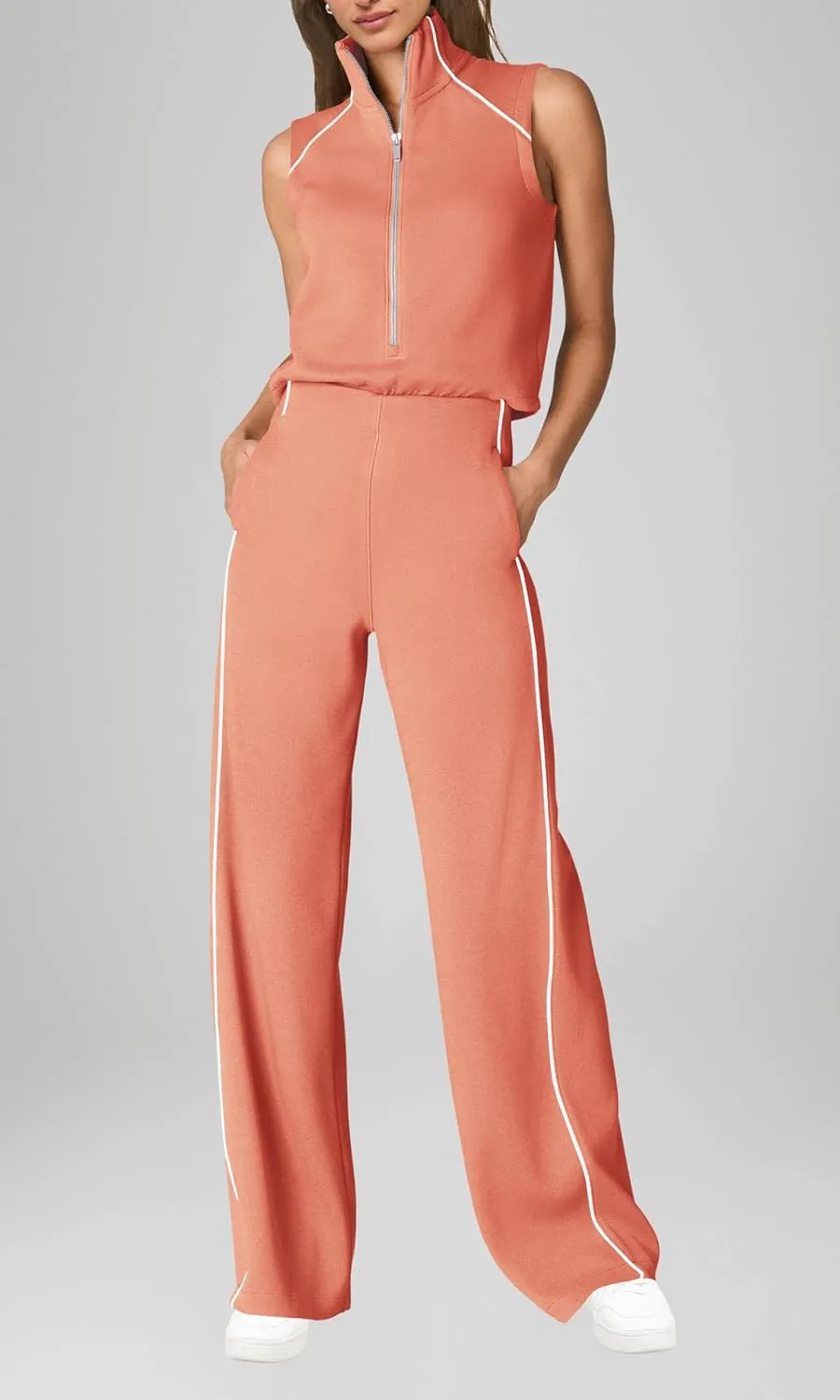 SENSERISE Womens Summer Jumpsuits Dressy Casual Sleeveless Mock Neck Top Wide Leg Pants Romper with Pockets