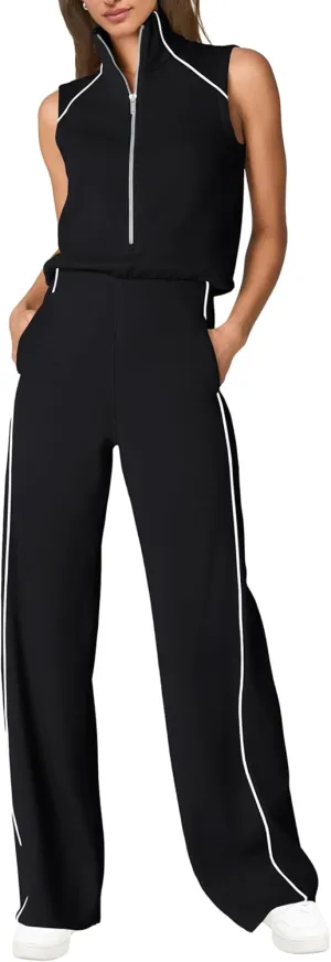 SENSERISE Womens Summer Jumpsuits Dressy Casual Sleeveless Mock Neck Top Wide Leg Pants Romper with Pockets