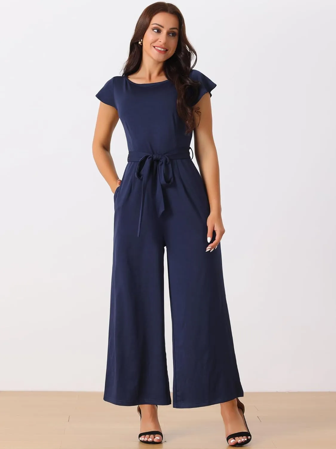 Seta T Women's Crew Neck Ruffle Cap Sleeve Belted High Waist Wide Leg Casual Jumpsuits with Pockets
