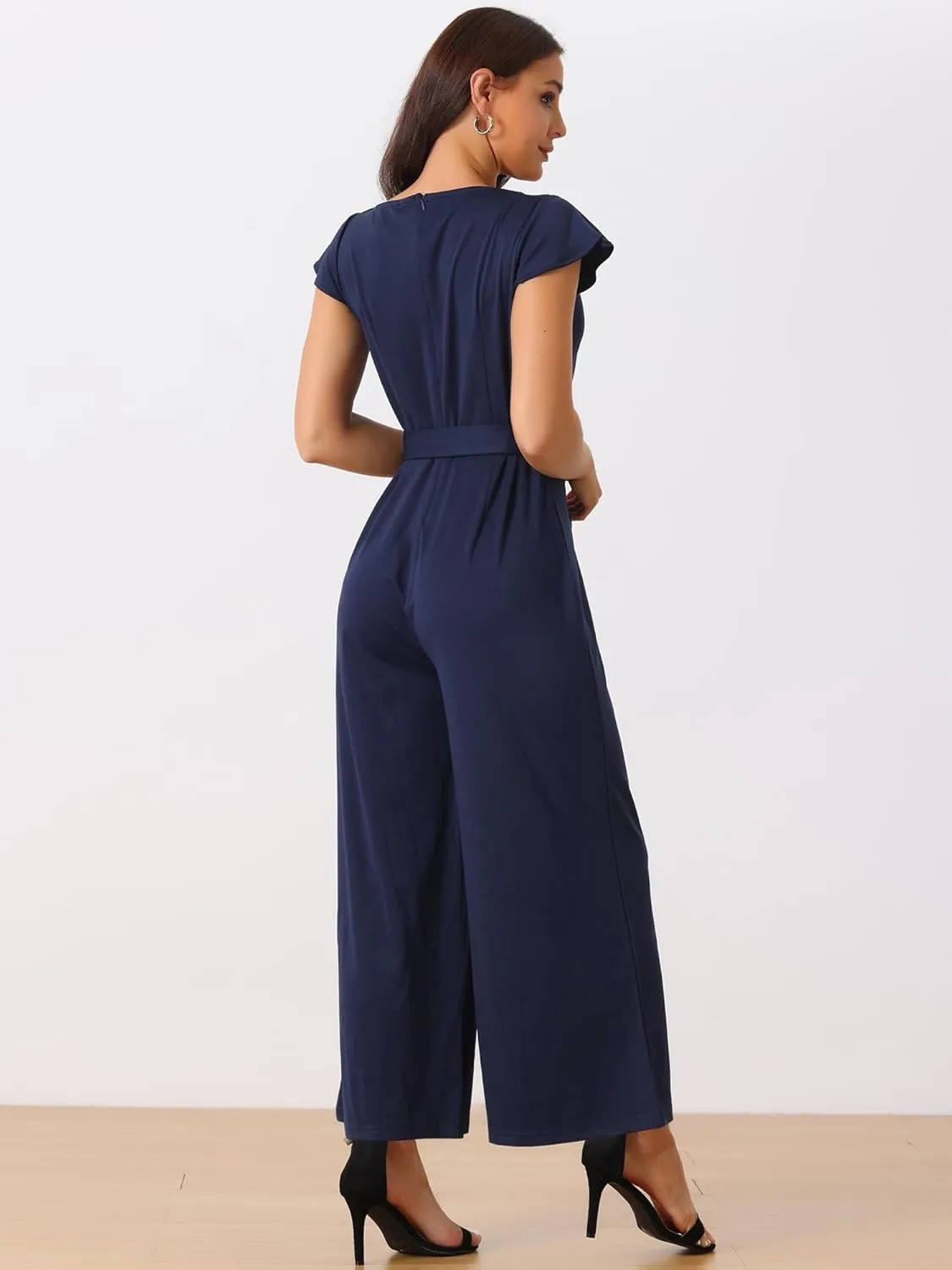 Seta T Women's Crew Neck Ruffle Cap Sleeve Belted High Waist Wide Leg Casual Jumpsuits with Pockets