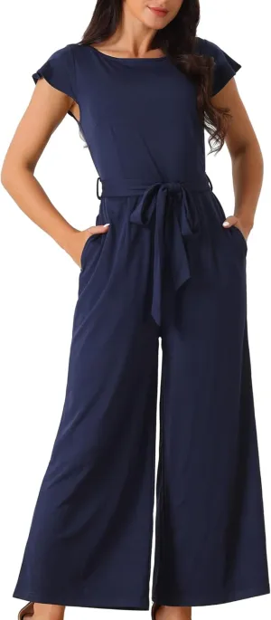 Seta T Women's Crew Neck Ruffle Cap Sleeve Belted High Waist Wide Leg Casual Jumpsuits with Pockets