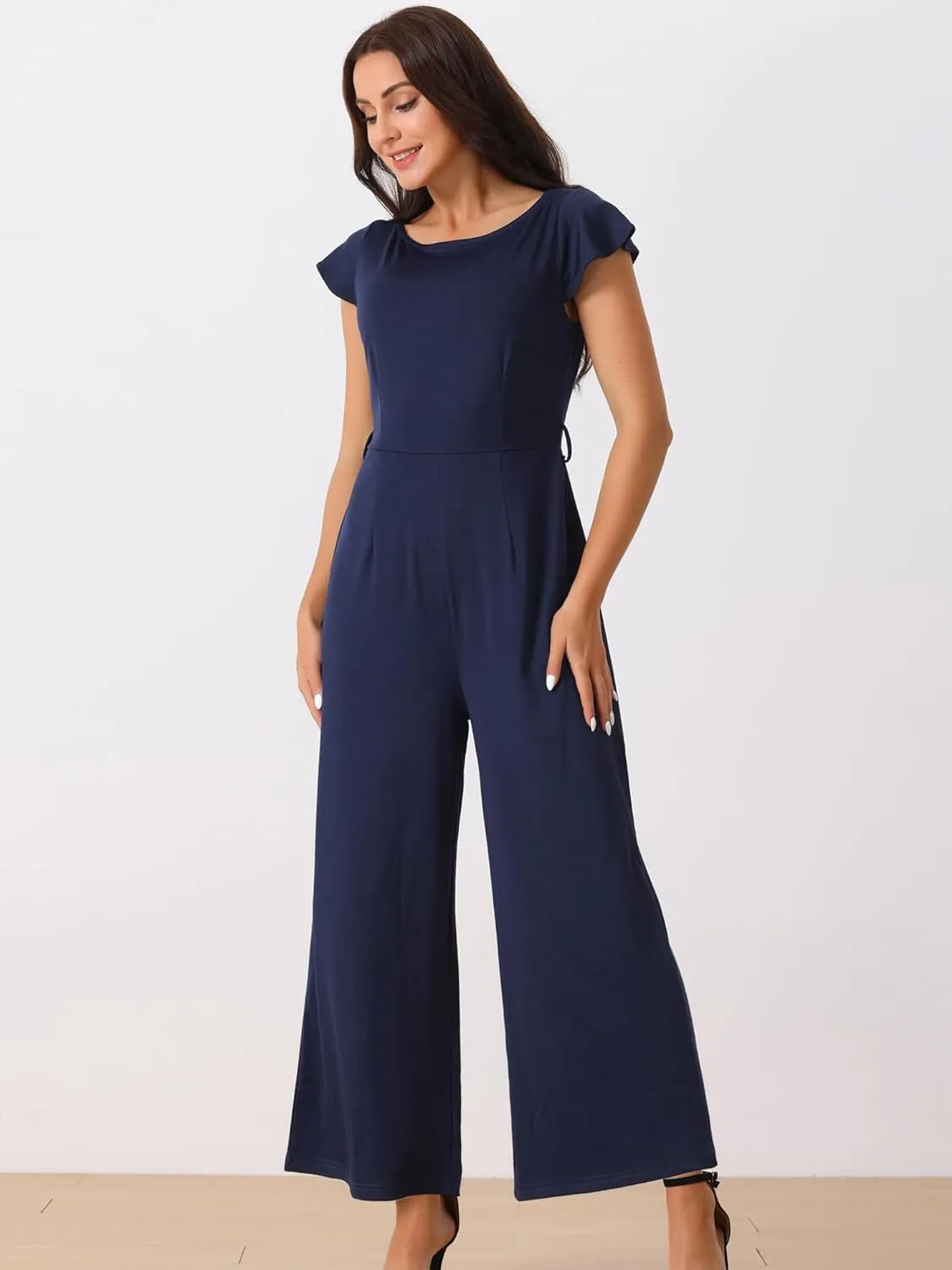 Seta T Women's Crew Neck Ruffle Cap Sleeve Belted High Waist Wide Leg Casual Jumpsuits with Pockets