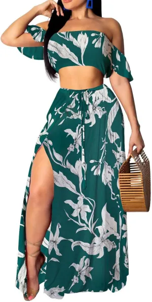 Sexy Two Piece Sets for Women Vacation Elegant Sleeveless Top Long Split Maxi Dress Beach Swimwear