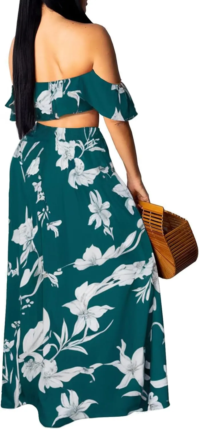 Sexy Two Piece Sets for Women Vacation Elegant Sleeveless Top Long Split Maxi Dress Beach Swimwear