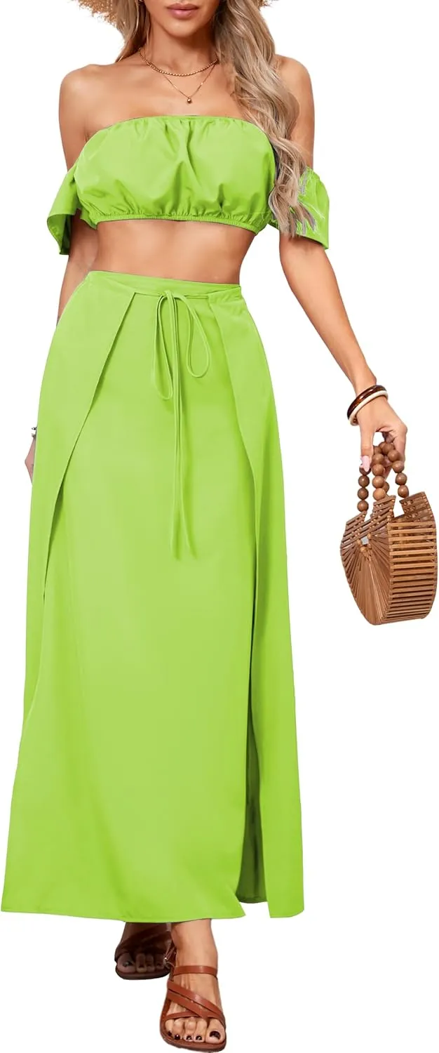 Sexy Two Piece Sets for Women Vacation Elegant Sleeveless Top Long Split Maxi Dress Beach Swimwear