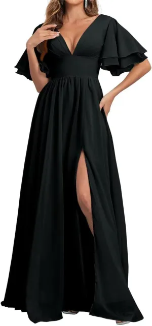 Short Sleeves Bridesmaid Dresses for Wedding V Neck Chiffon Formal Evening Party Prom Maxi Gown with Slit AN379
