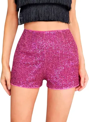 Shorts for Women Sequined Shiny High Waisted Casual Baggy Skorts Elastic Waist Straight Leg Comfort Trendy Clubwear