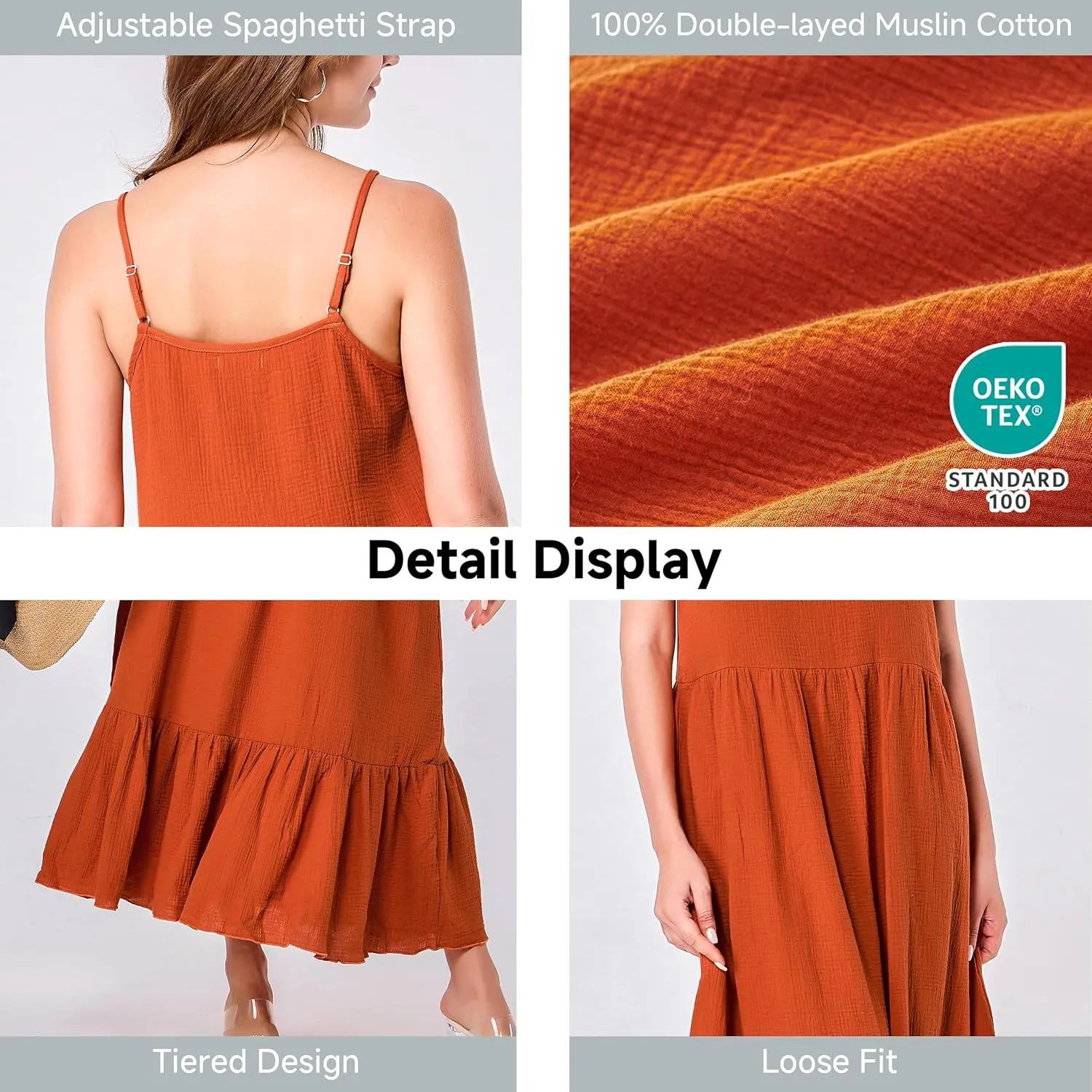Simple&Opulence Women Summer Casual Cotton Maxi Dress, Loose Sleeveless Spaghetti Strap Tiered Boho Flowy Sundress for Beach