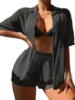 SKAYS Summer 2 Piece Beach Cover Ups for Women Crochet Swimsuit Coverup Cardigan and Short Pant Set