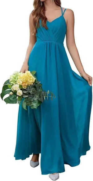 Spaghetti Straps Bridesmaid Dresses for Wedding Chiffon V Neck Formal Evening Party Prom Maxi Gown with Slit AN365