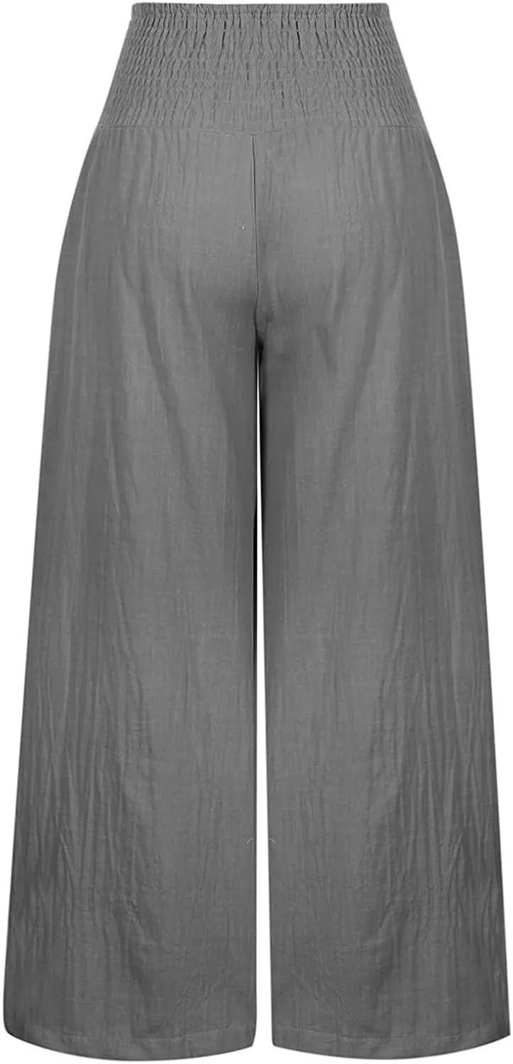 Striped Cotton Linen Cropped Pants Women Womens Wide Leg Linen Palazzo Pants Casual Elastic Waisted Loose Trousers