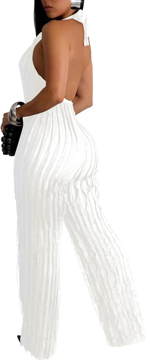 Summer Halter Backless Jumpsuits for Women Sexy See Through V Neck Tie Pleated One Piece Wide Leg Long Pants Romper