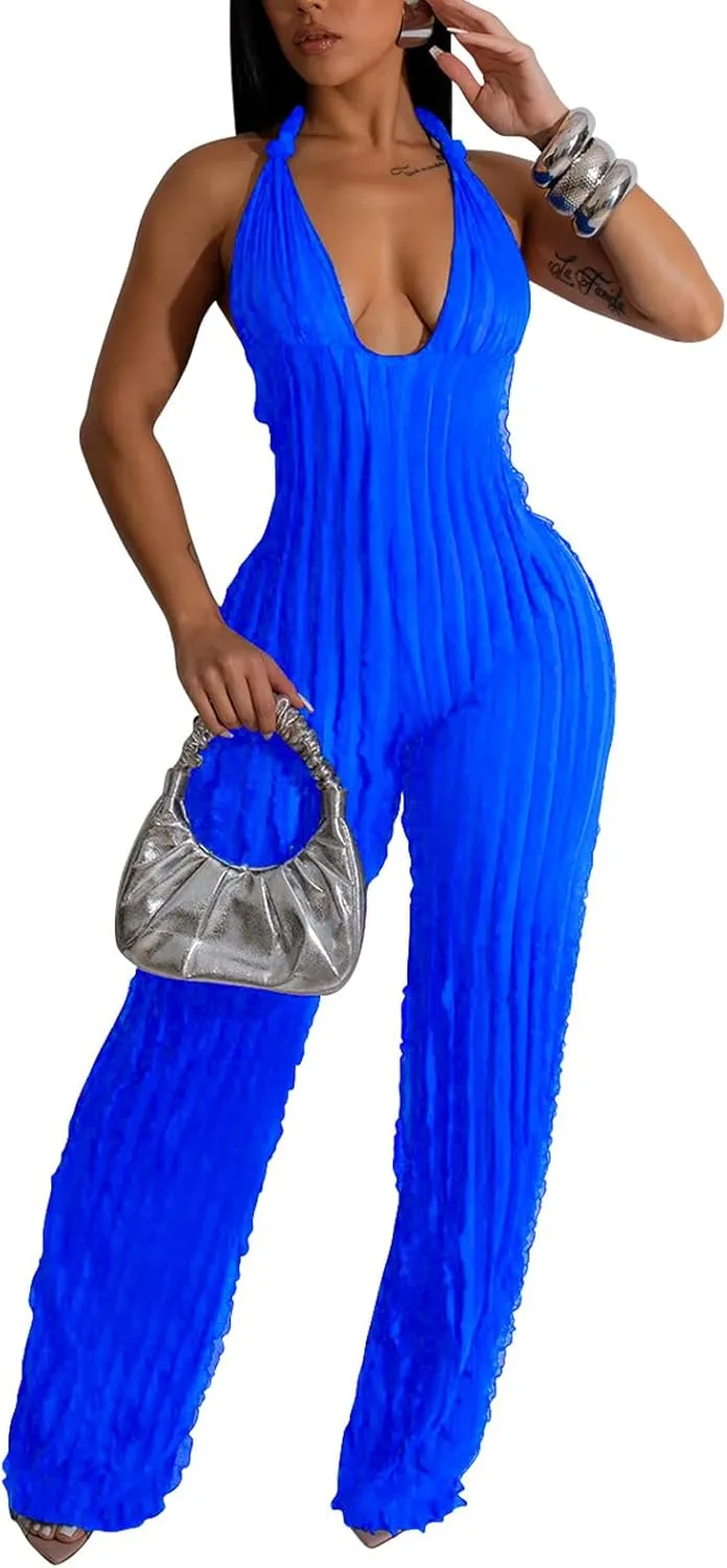 Summer Halter Backless Jumpsuits for Women Sexy See Through V Neck Tie Pleated One Piece Wide Leg Long Pants Romper