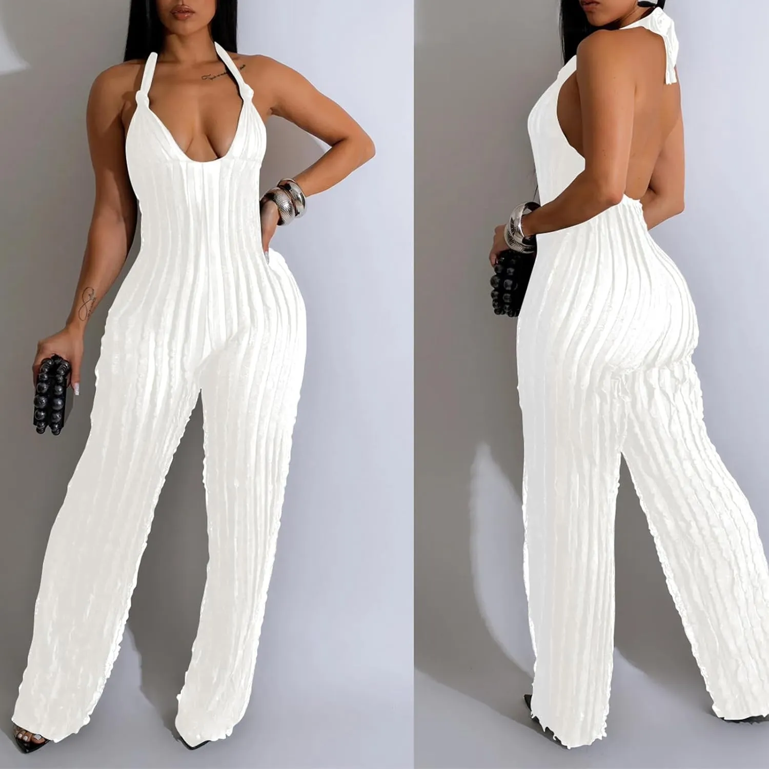 Summer Halter Backless Jumpsuits for Women Sexy See Through V Neck Tie Pleated One Piece Wide Leg Long Pants Romper