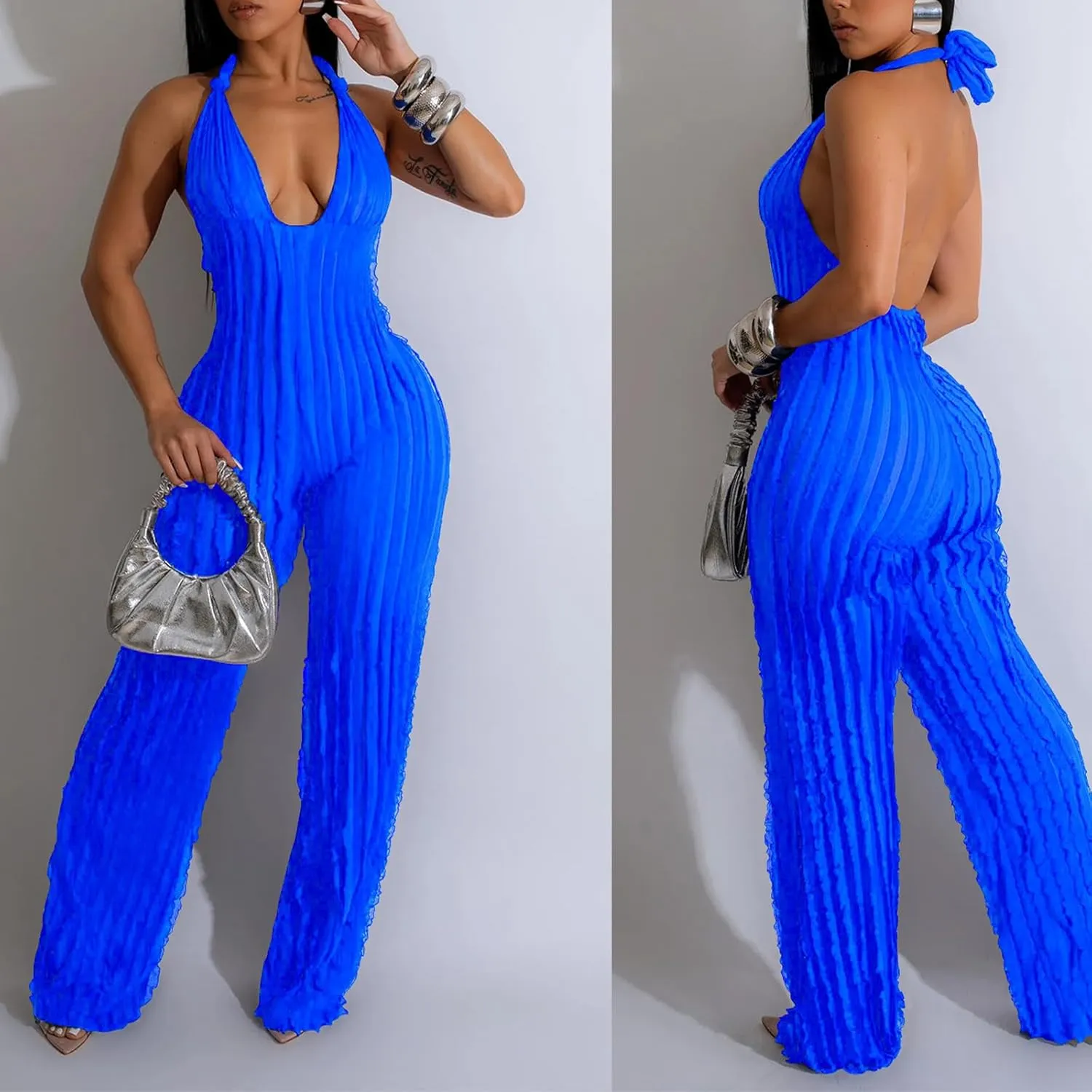 Summer Halter Backless Jumpsuits for Women Sexy See Through V Neck Tie Pleated One Piece Wide Leg Long Pants Romper