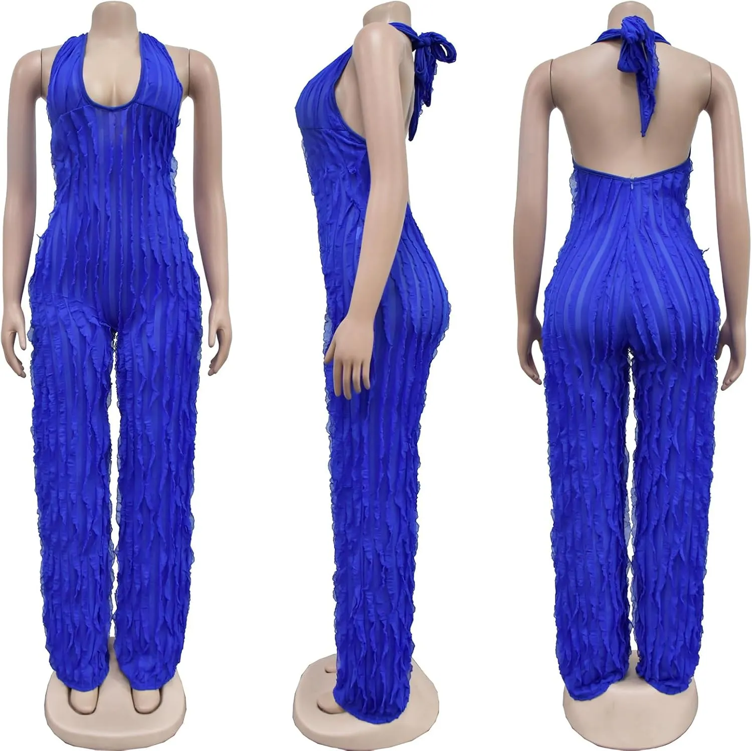 Summer Halter Backless Jumpsuits for Women Sexy See Through V Neck Tie Pleated One Piece Wide Leg Long Pants Romper
