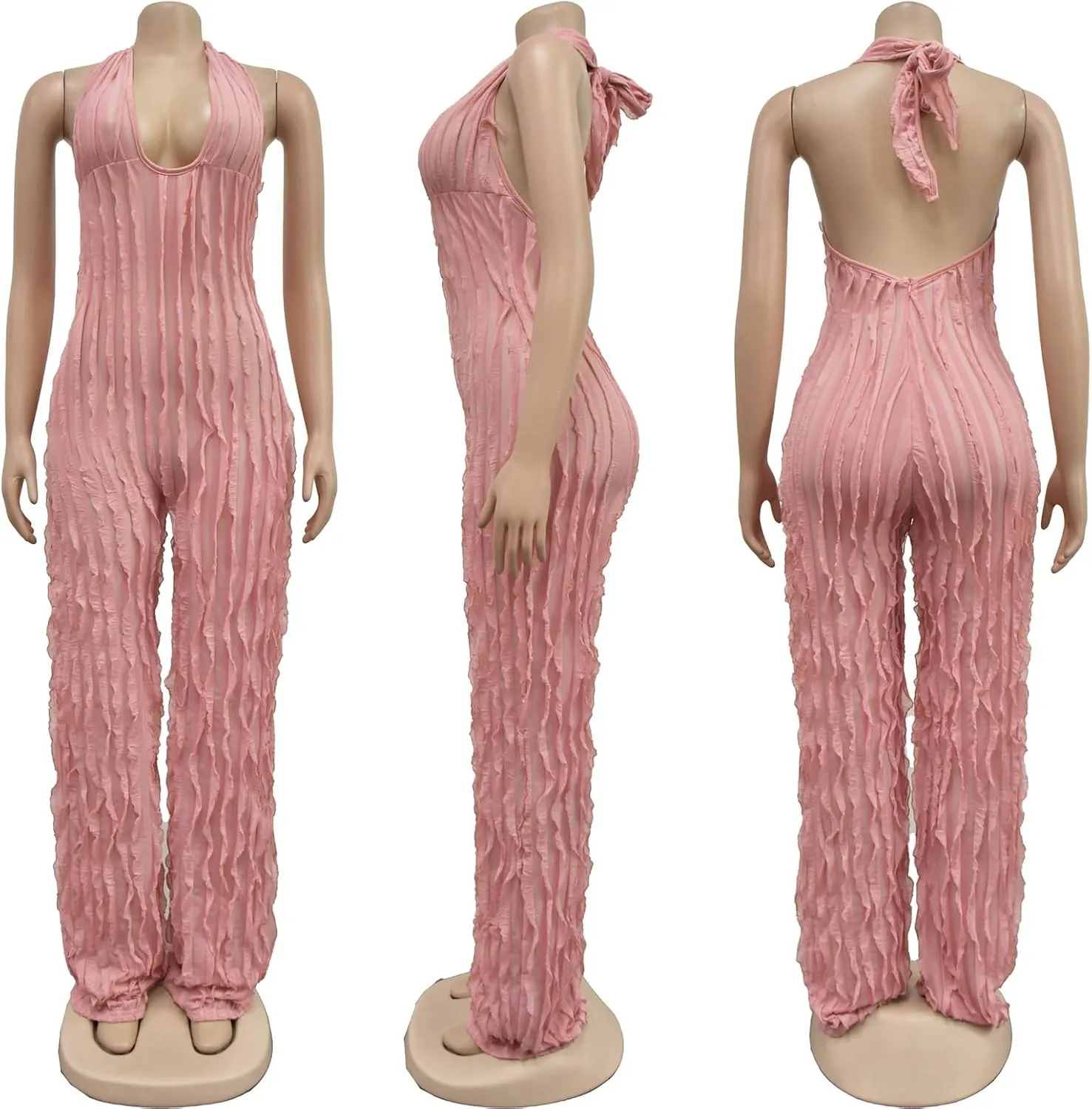 Summer Halter Backless Jumpsuits for Women Sexy See Through V Neck Tie Pleated One Piece Wide Leg Long Pants Romper