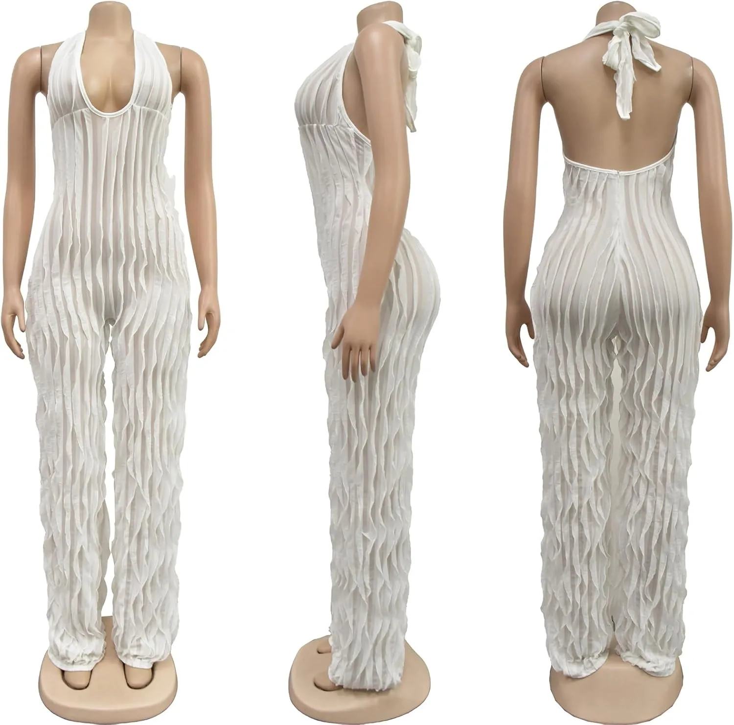 Summer Halter Backless Jumpsuits for Women Sexy See Through V Neck Tie Pleated One Piece Wide Leg Long Pants Romper