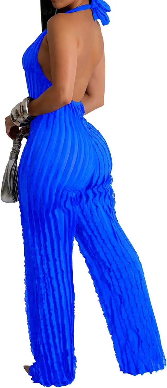 Summer Halter Backless Jumpsuits for Women Sexy See Through V Neck Tie Pleated One Piece Wide Leg Long Pants Romper