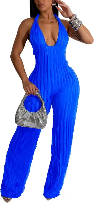 Summer Halter Backless Jumpsuits for Women Sexy See Through V Neck Tie Pleated One Piece Wide Leg Long Pants Romper