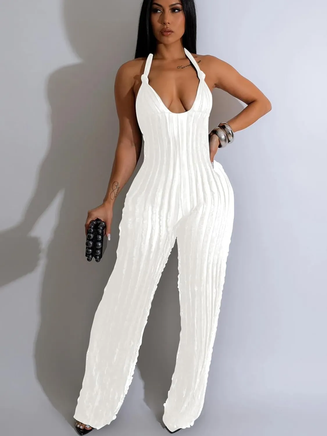 Summer Halter Jumpsuits for Women 2024 Sexy Backless V Neck Tie Romper Pleated One Piece Wide Leg Long Pants Jumpsuit