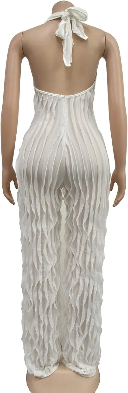 Summer Halter Jumpsuits for Women 2024 Sexy Backless V Neck Tie Romper Pleated One Piece Wide Leg Long Pants Jumpsuit