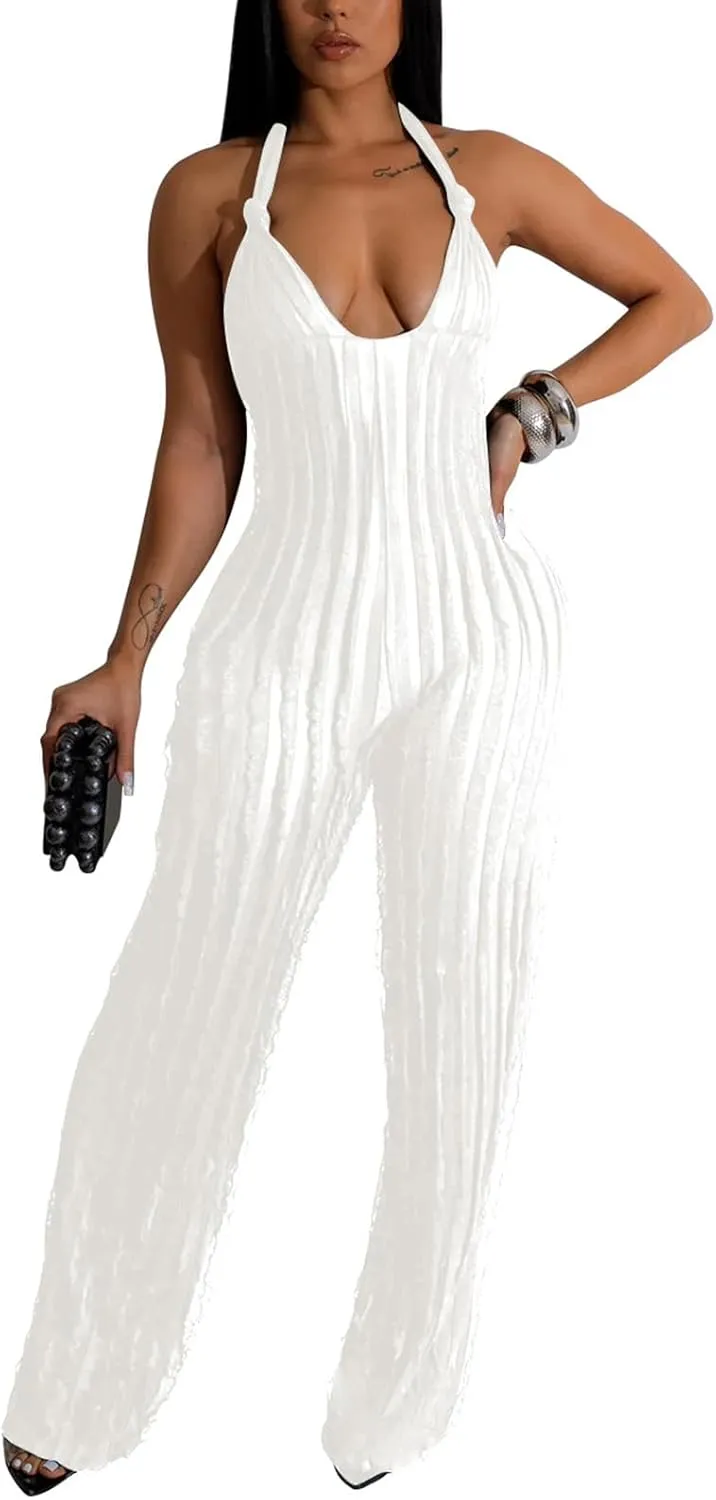 Summer Halter Jumpsuits for Women 2024 Sexy Backless V Neck Tie Romper Pleated One Piece Wide Leg Long Pants Jumpsuit