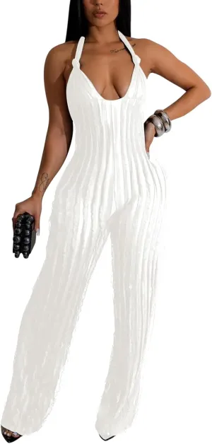 Summer Halter Jumpsuits for Women 2024 Sexy Backless V Neck Tie Romper Pleated One Piece Wide Leg Long Pants Jumpsuit