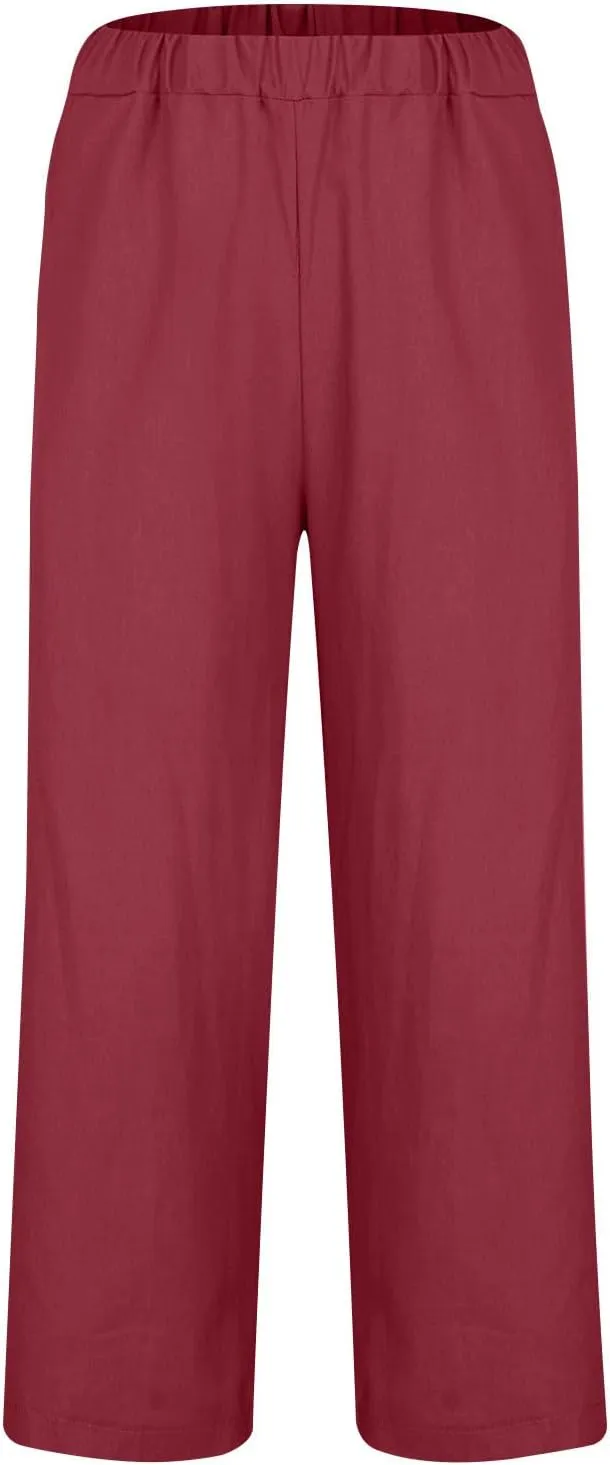 Summer Linen Pants for Men Plus Size Wide Leg lastic Waist Lounge Trousers with Pockets Solid Loose Lightweight Pant