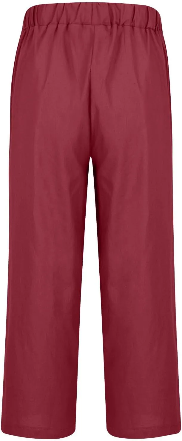Summer Linen Pants for Men Plus Size Wide Leg lastic Waist Lounge Trousers with Pockets Solid Loose Lightweight Pant