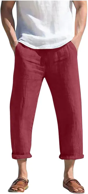 Summer Linen Pants for Men Plus Size Wide Leg lastic Waist Lounge Trousers with Pockets Solid Loose Lightweight Pant