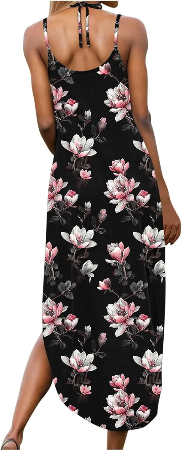 Summer Maxi Long Dresses for Women 2025 Sexy Spaghetti Strap v Neck Split Dress Casual Beach Sundress Vacation Outfits