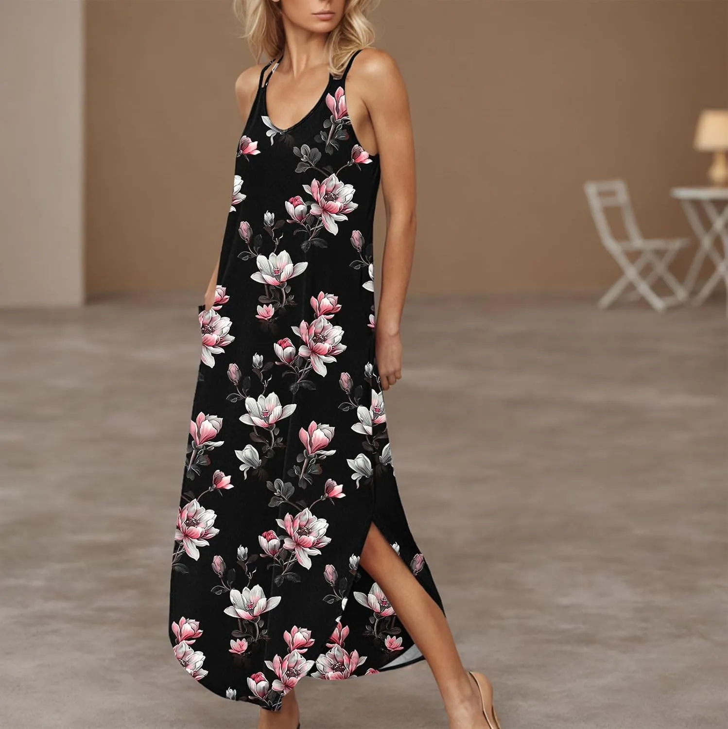 Summer Maxi Long Dresses for Women 2025 Sexy Spaghetti Strap v Neck Split Dress Casual Beach Sundress Vacation Outfits