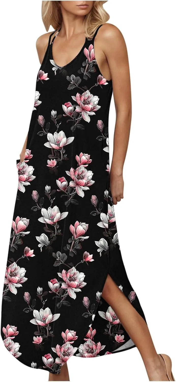 Summer Maxi Long Dresses for Women 2025 Sexy Spaghetti Strap v Neck Split Dress Casual Beach Sundress Vacation Outfits