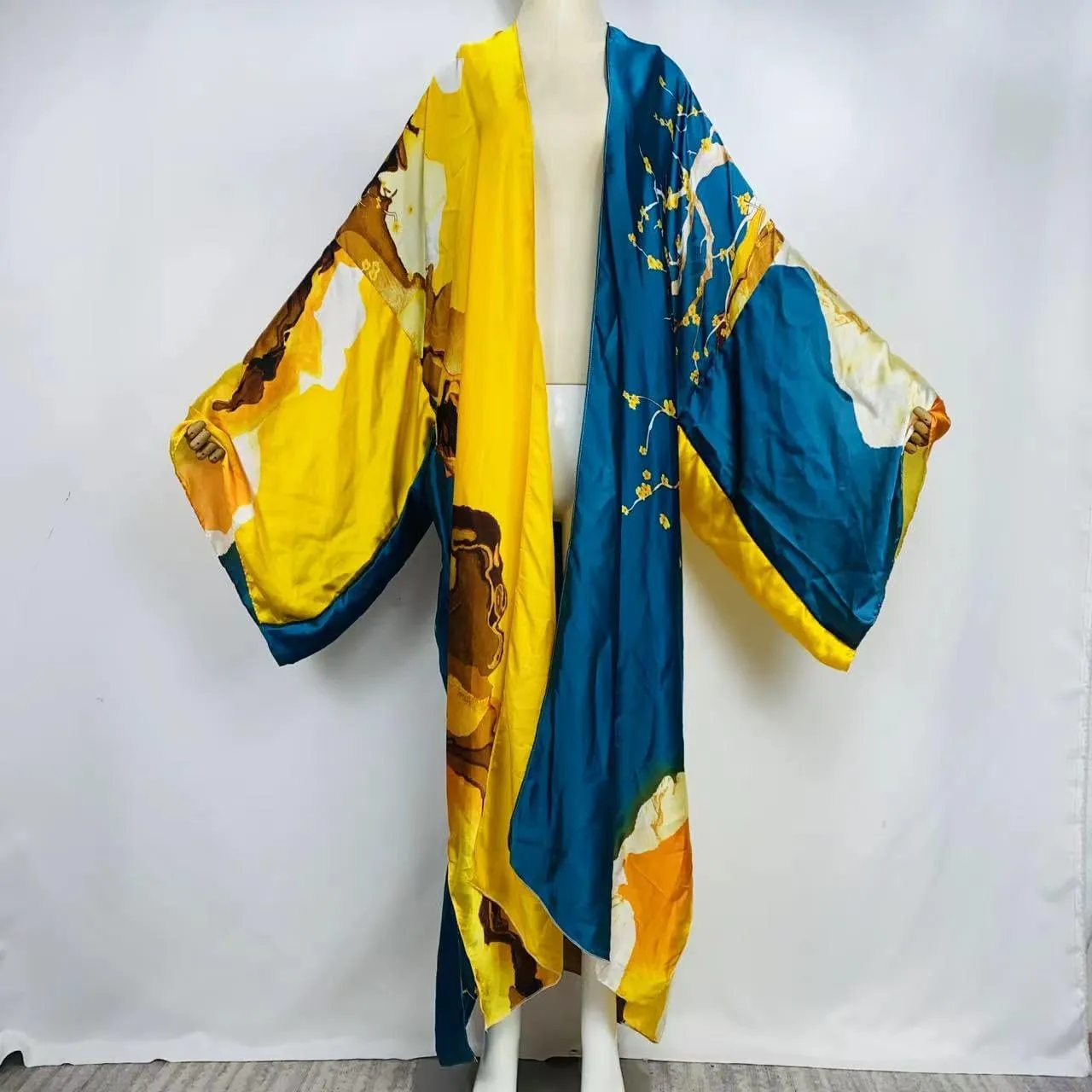 Summer Silk feeling beach cover up Women Cardigan fashion sexy Boho African Holiday party long Sleeve Robe kimono Kaftan