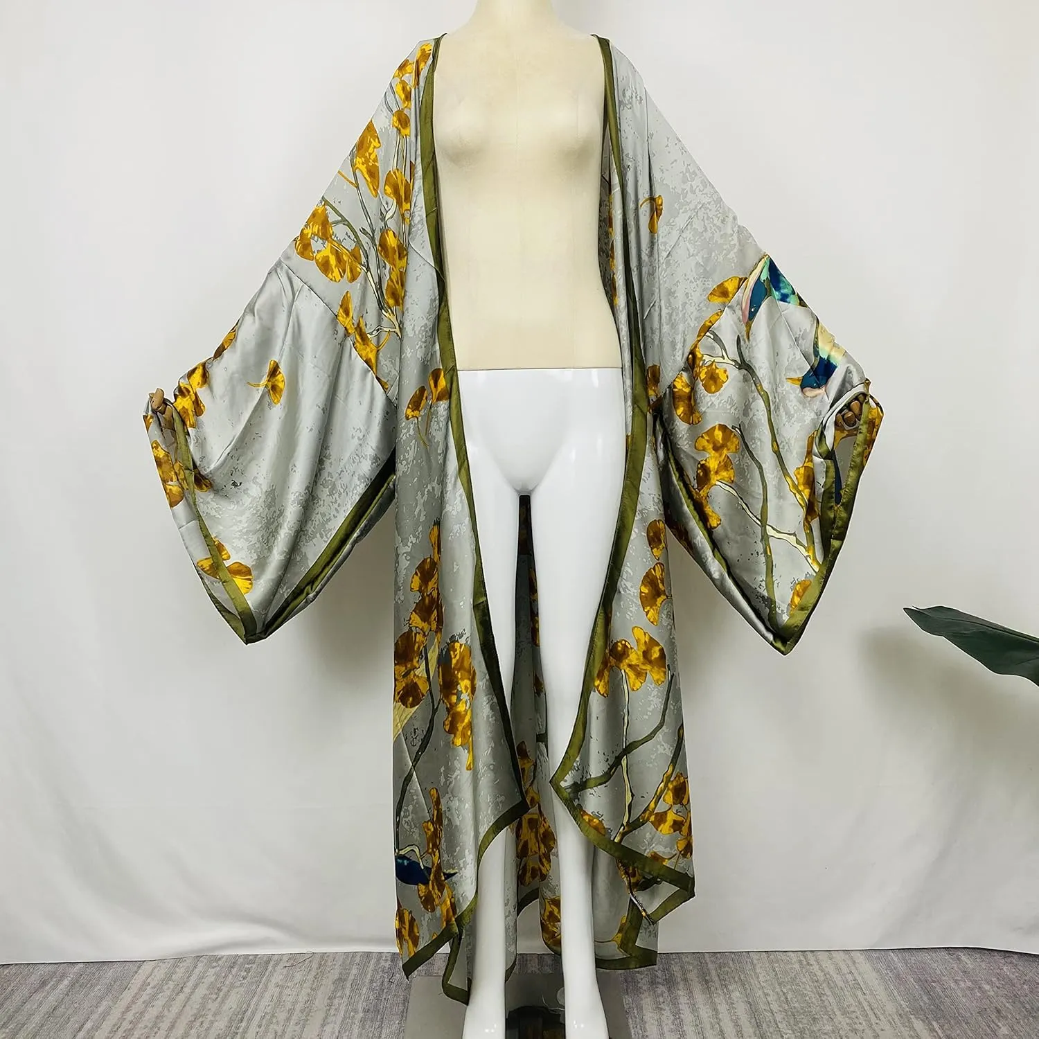 Summer Silk feeling beach cover up Women Cardigan fashion sexy Boho African Holiday party long Sleeve Robe kimono Kaftan