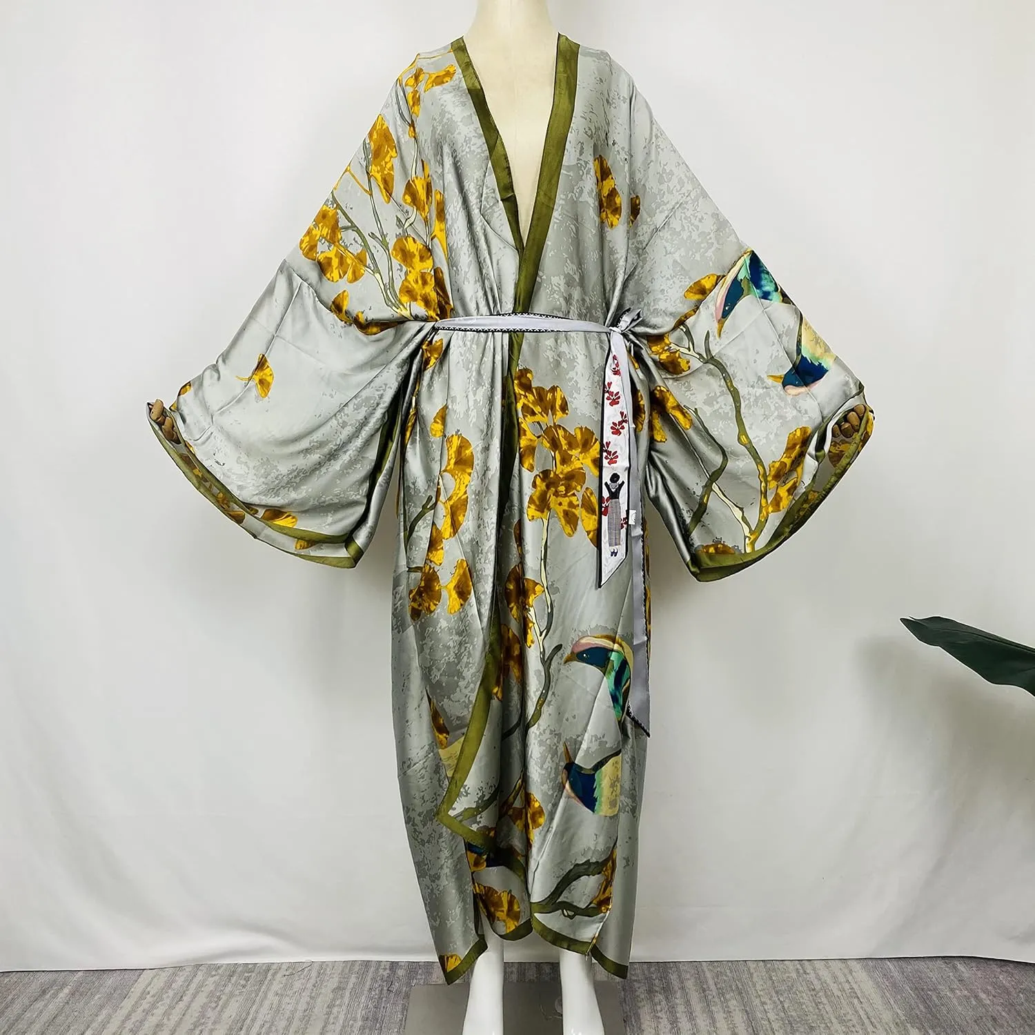 Summer Silk feeling beach cover up Women Cardigan fashion sexy Boho African Holiday party long Sleeve Robe kimono Kaftan