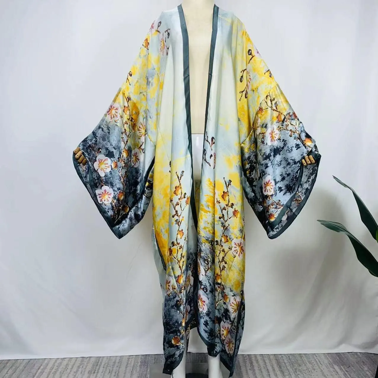 Summer Silk feeling beach cover up Women Cardigan fashion sexy Boho African Holiday party long Sleeve Robe kimono Kaftan
