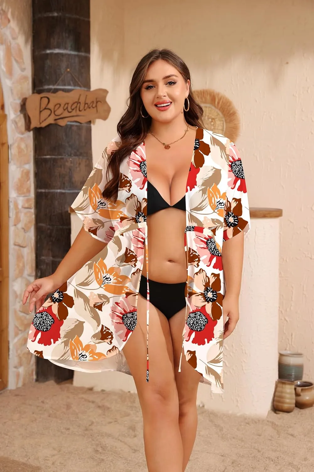 SWOMOG Plus Size Swimsuit Cover Up Women Chiffon Kimono Bikini Coverups Cardigan Open Front Summer Beachwear Swimwear