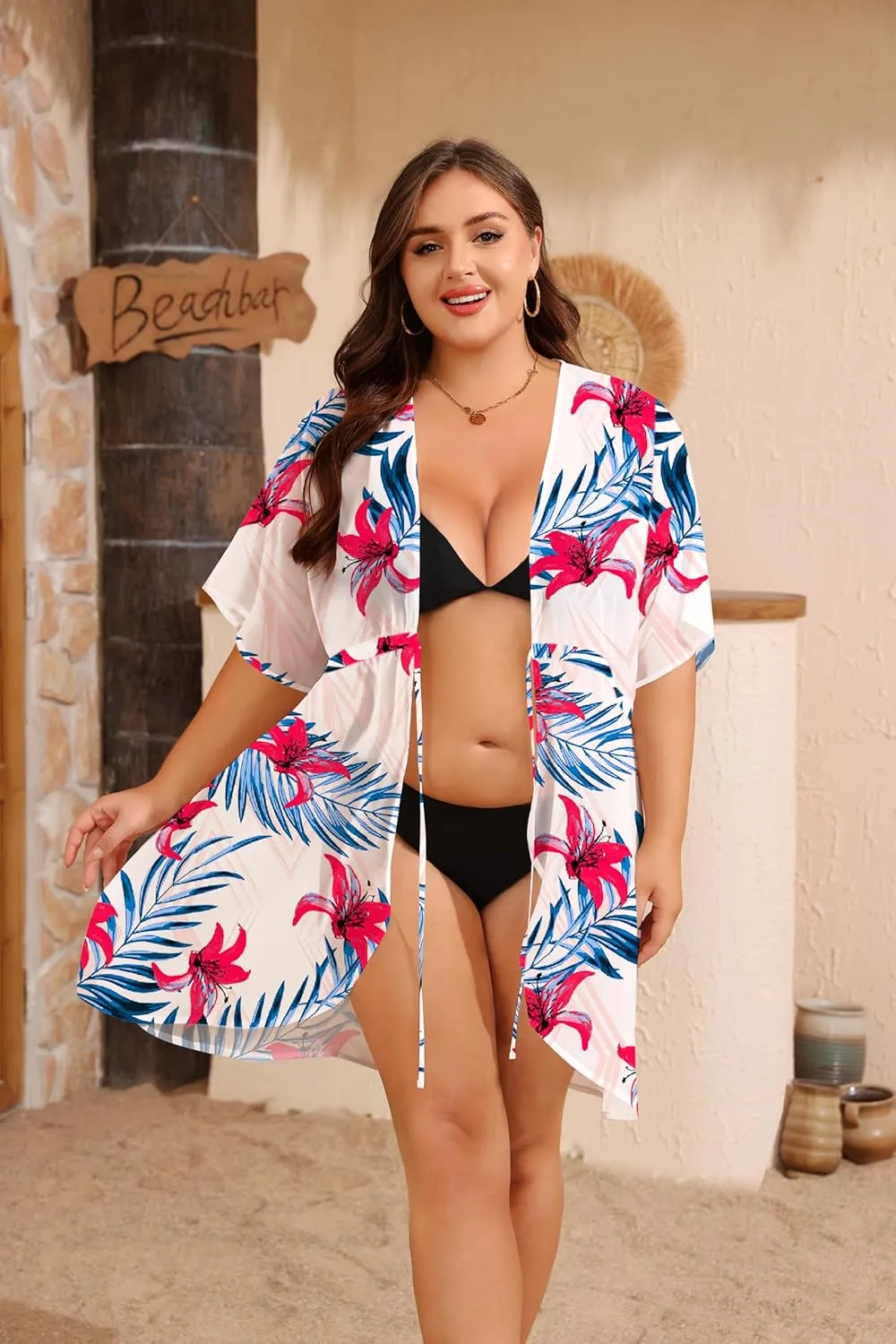 SWOMOG Plus Size Swimsuit Cover Up Women Chiffon Kimono Bikini Coverups Cardigan Open Front Summer Beachwear Swimwear