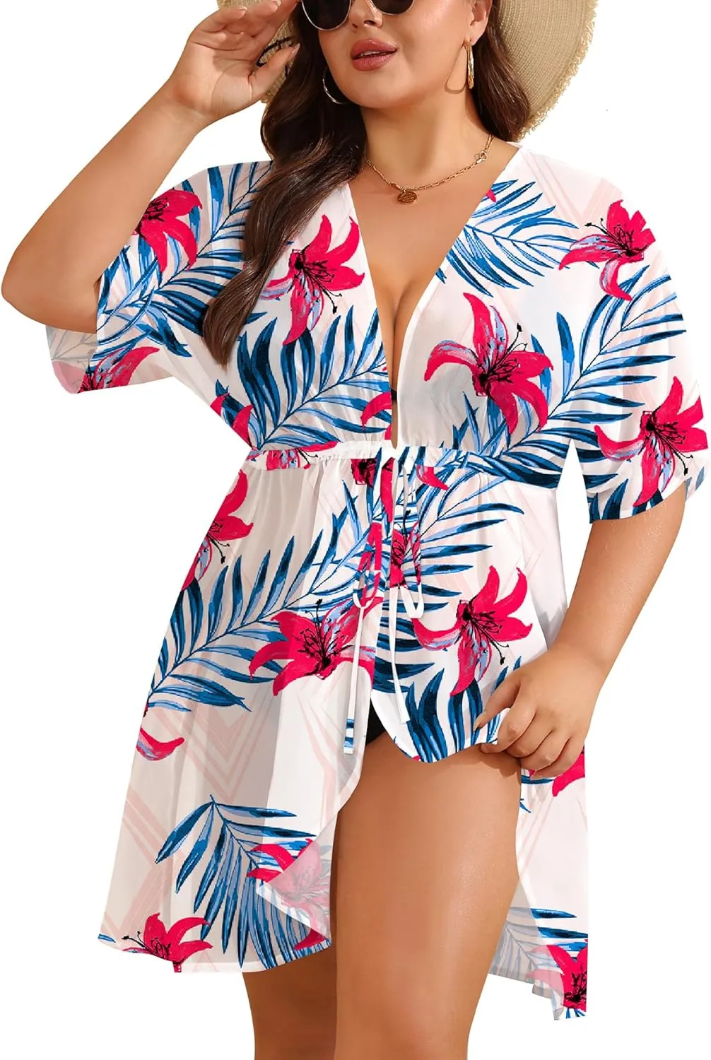SWOMOG Plus Size Swimsuit Cover Up Women Chiffon Kimono Bikini Coverups Cardigan Open Front Summer Beachwear Swimwear