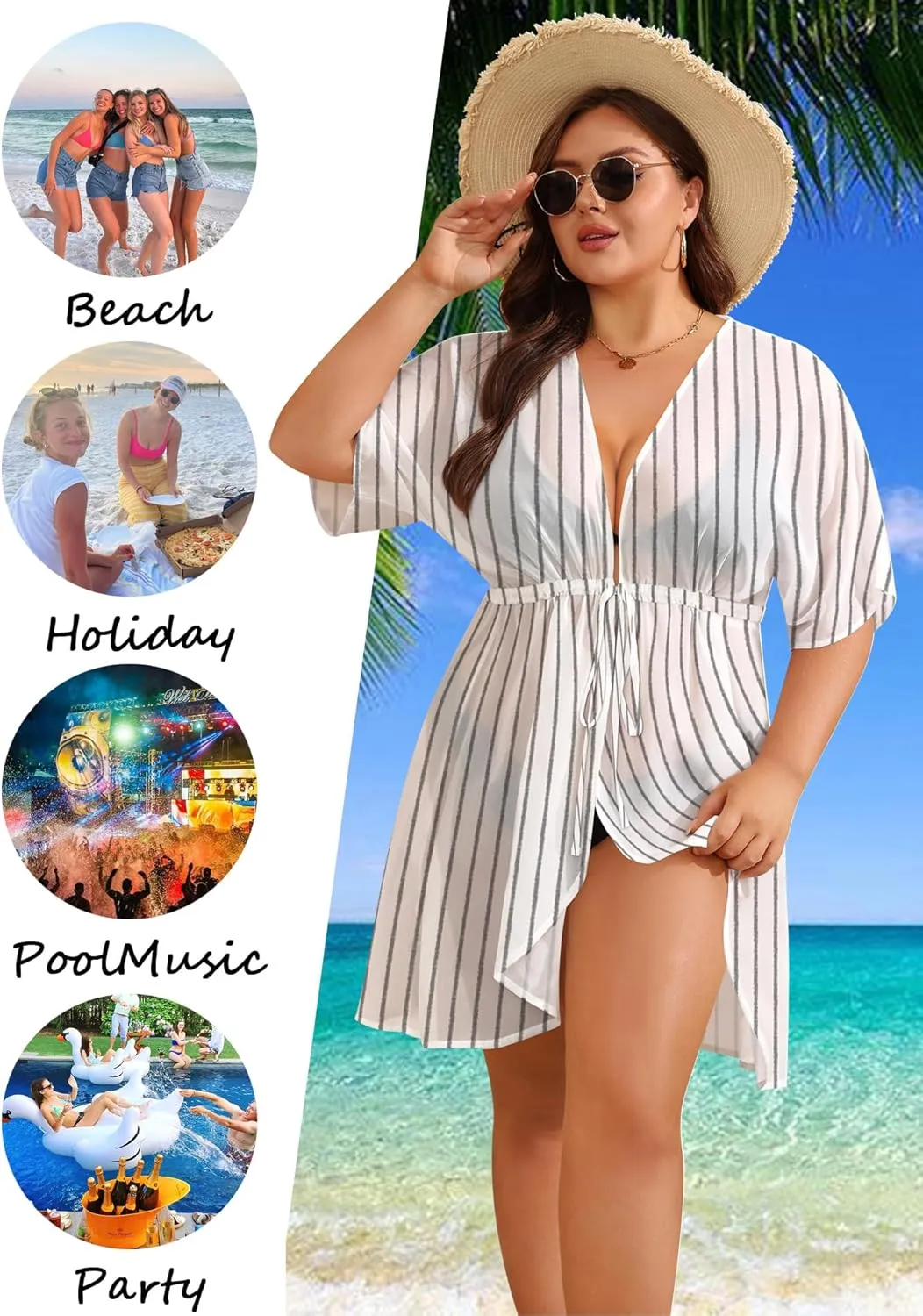 SWOMOG Plus Size Swimsuit Cover Up Women Chiffon Kimono Bikini Coverups Cardigan Open Front Summer Beachwear Swimwear
