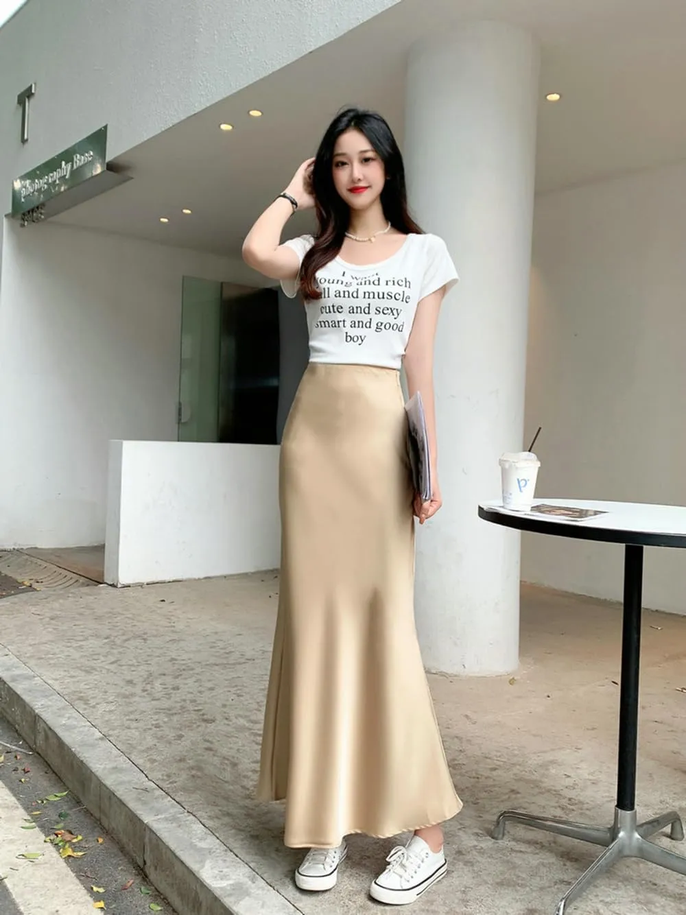 TangDao Womens Satin Maxi Skirt Casual Elastic High Waist Fishtail Bodycon Long Skirts